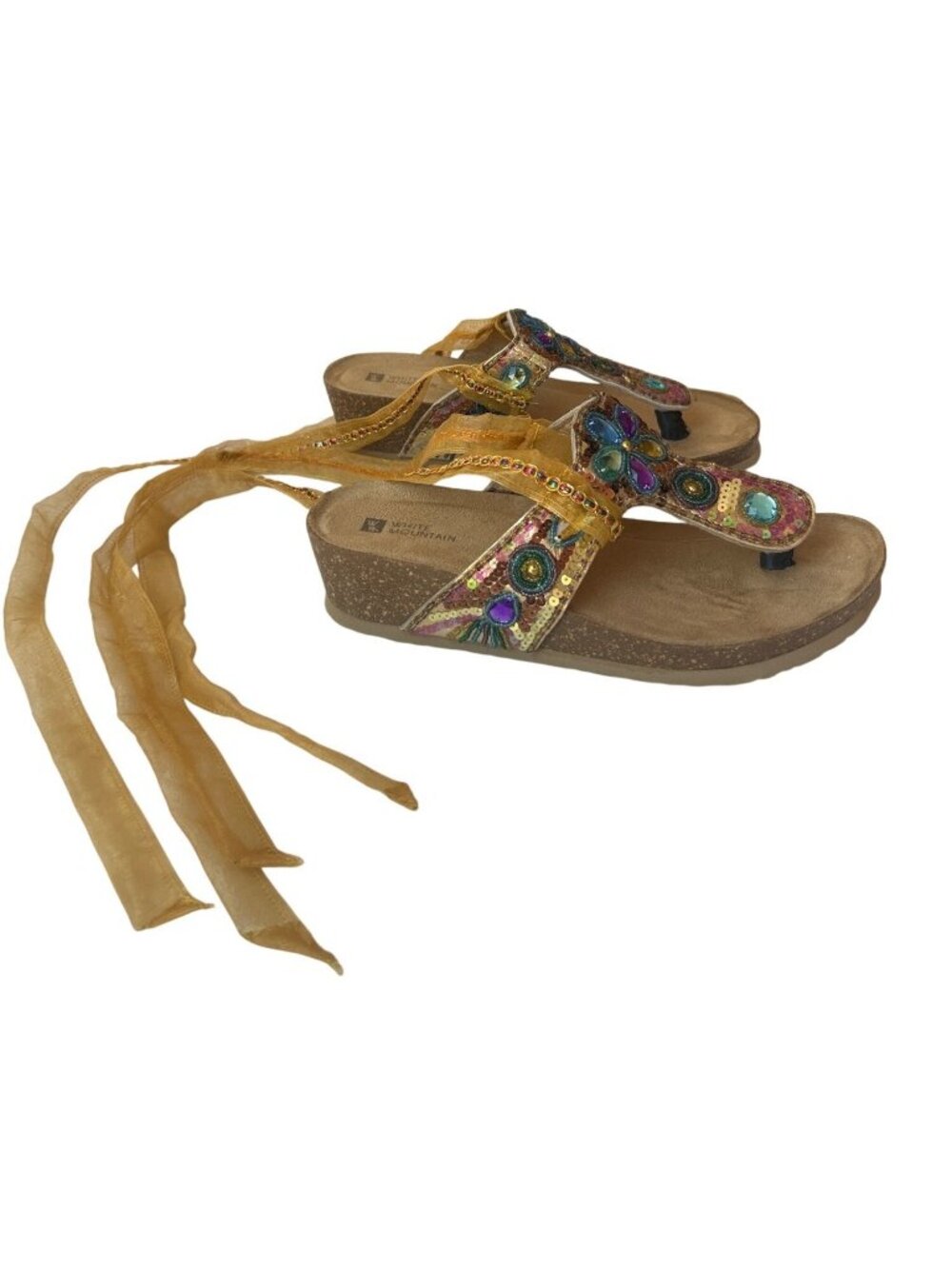 White Mountain Women’s 9M Gold Wedge Sandals Sequin Jewel Ankle Wrap Resortwear